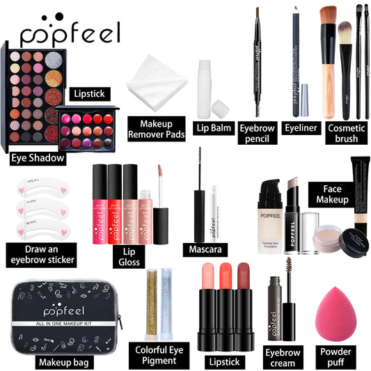 Kit de Maquiagem Completo - Sombra Nude, Base, Primer, Pincéis e Gloss Labial Nude.