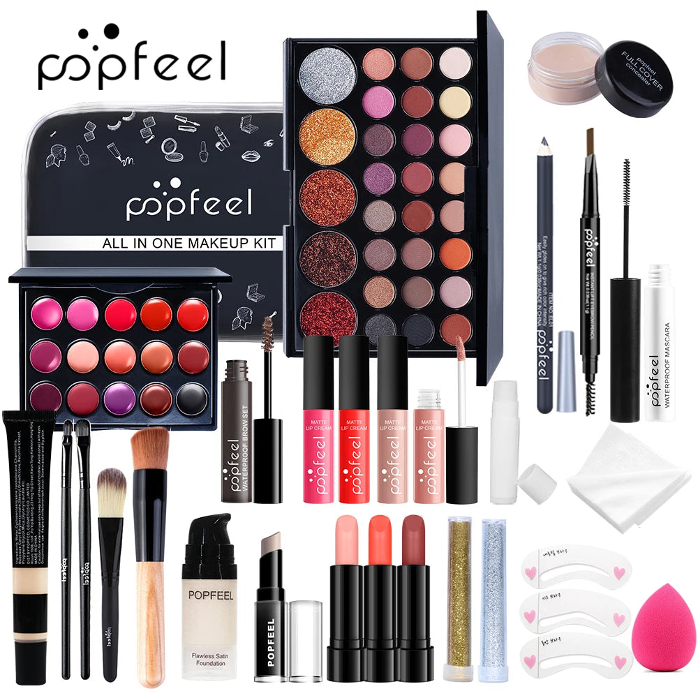 Kit de Maquiagem Completo - Sombra Nude, Base, Primer, Pincéis e Gloss Labial Nude.